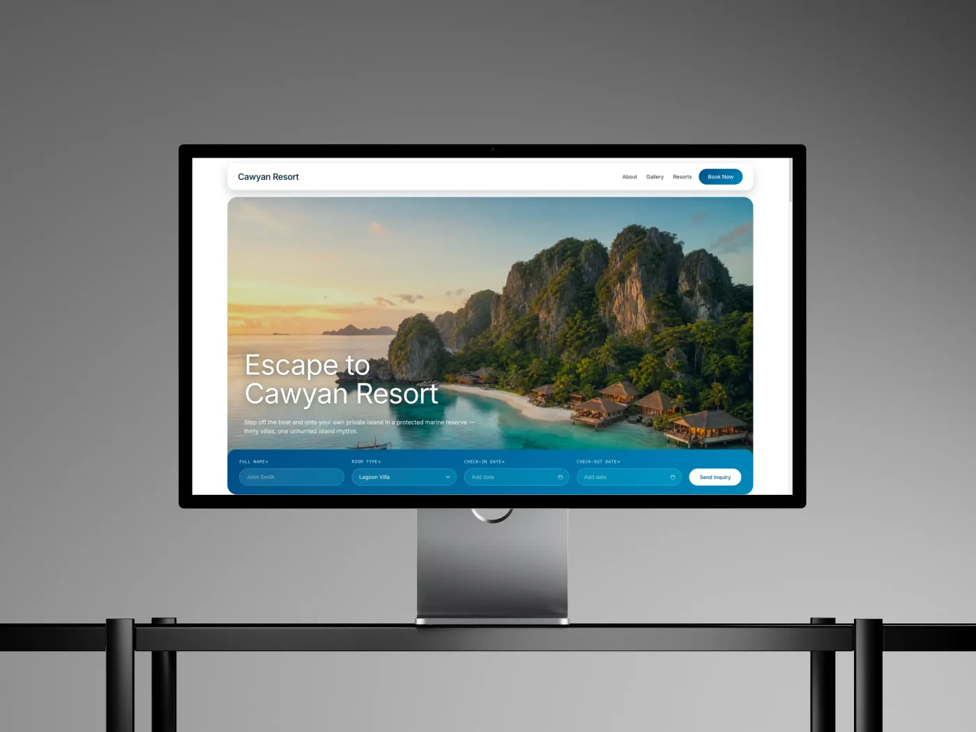 Cawyan Resort website shown on a desktop monitor