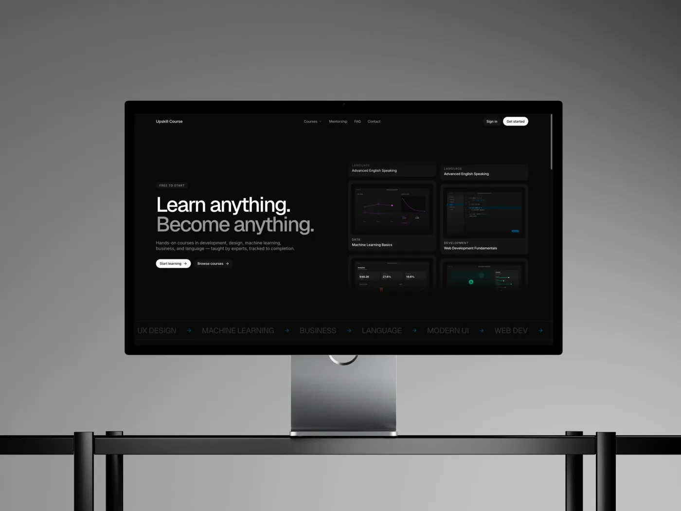 Upskill Course website shown on a desktop monitor